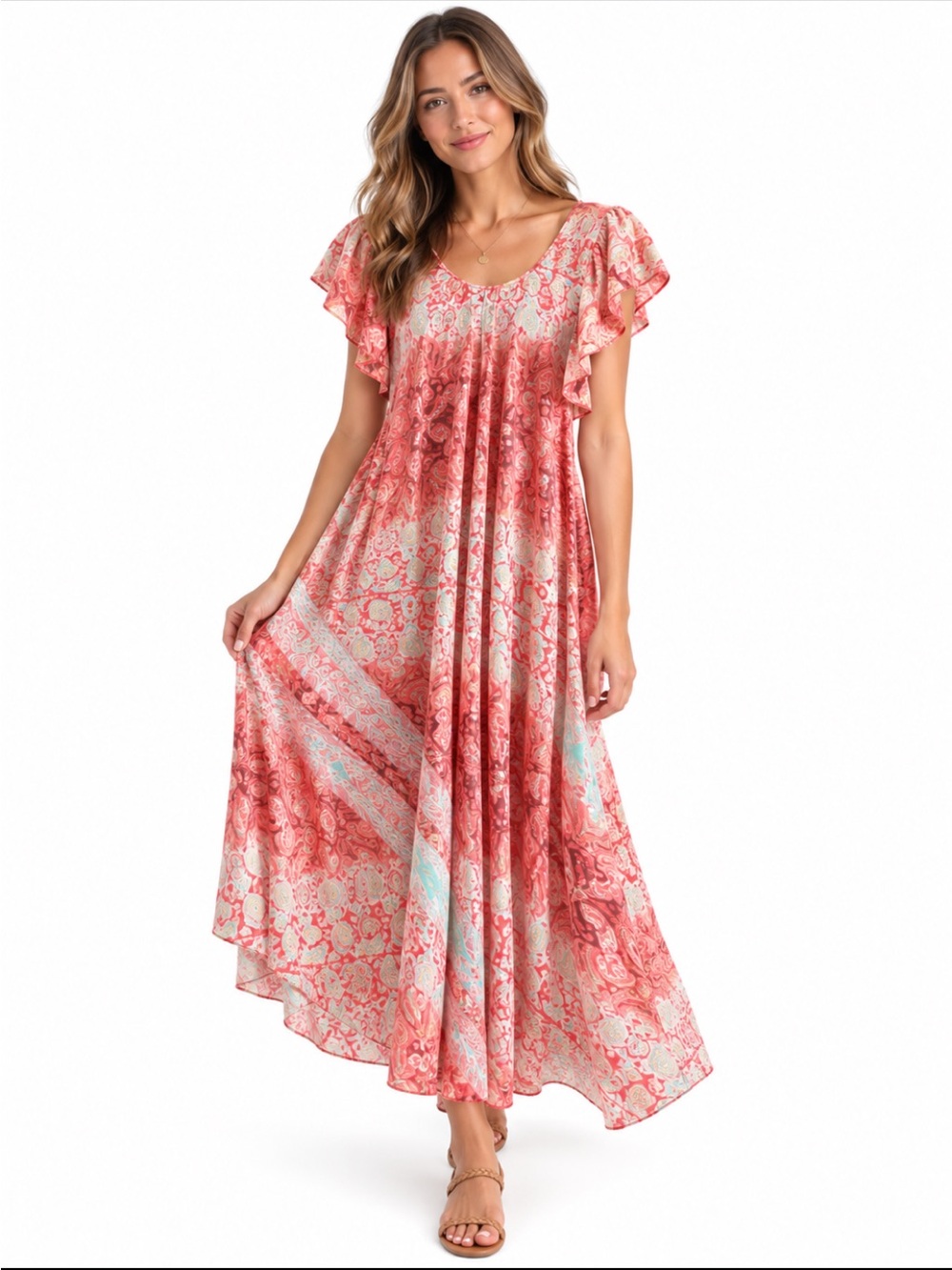 Yuli Art Silk Pink Paisley Maxi Dress Flutter Sleeve Boho Free Size Boho Resort